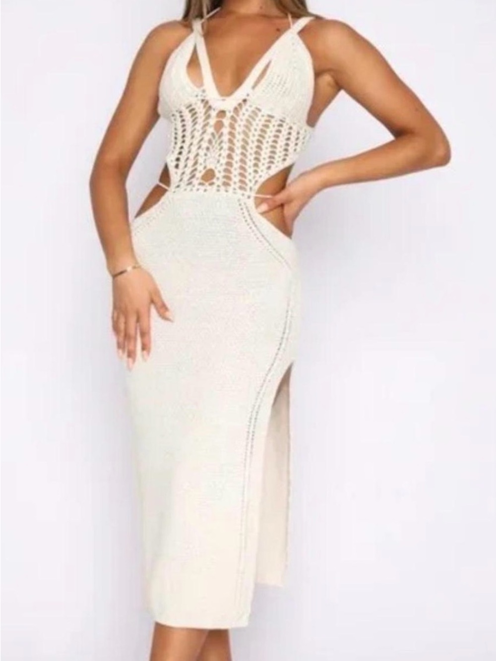 White Fox Crochet Knit Cutout Midi Dress in Cream